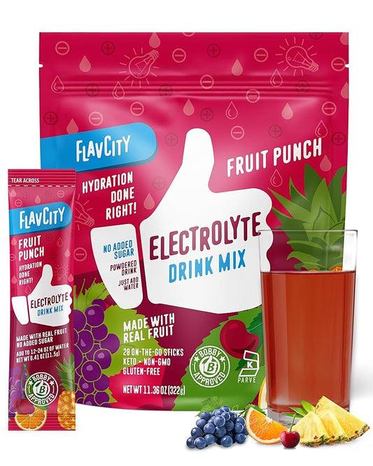 FlavCity Fruit Punch Electrolyte Drink Mix, 28 On-The-Go Stick Packs - Healthy Electrolytes Powder Packets Made with Real Fruit - Keto Powdered Drink with No Added Sugar, Gluten-Free
