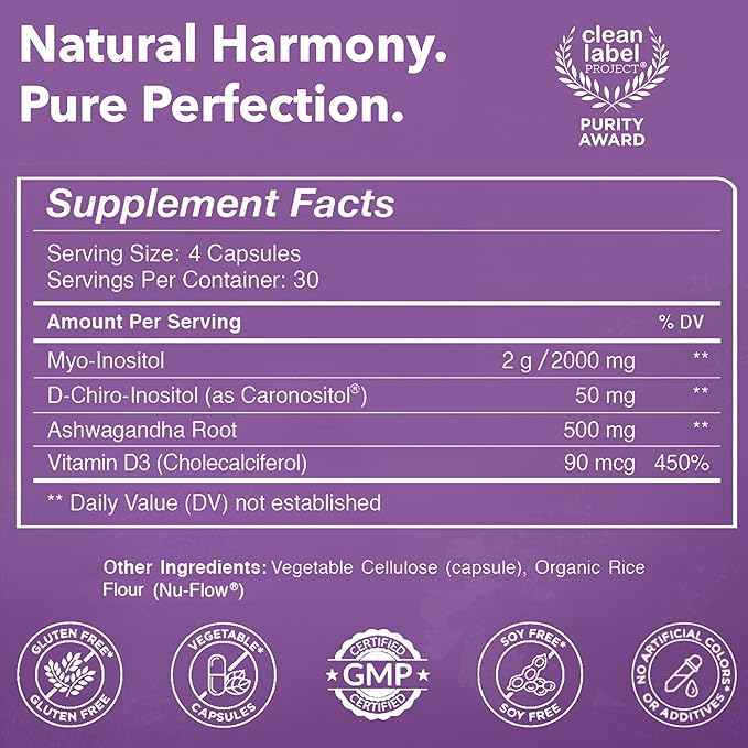 Intimate Rose Myo-Inositol & D-Chiro Inositol Supplement - 40:1 Blend + Vitamin D3 + Ashwagandha - Vegan Capsule - Inositol Supplement - Clean Label Project Certified