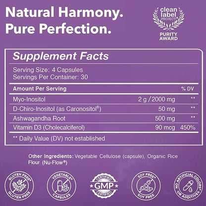Intimate Rose Myo-Inositol & D-Chiro Inositol Supplement - 40:1 Blend + Vitamin D3 + Ashwagandha - Vegan Capsule - Inositol Supplement - Clean Label Project Certified