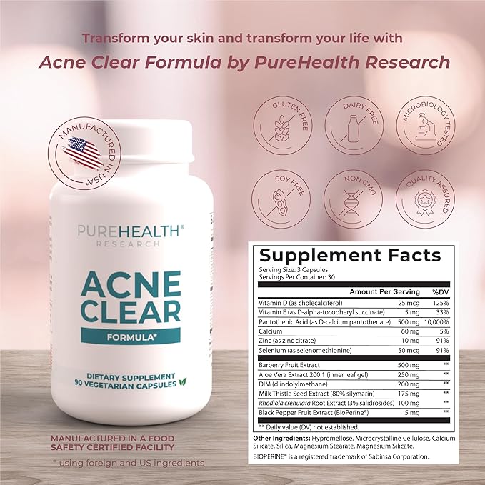 PUREHEALTH RESEARCH Hormonal Acne Supplements - Say Goodbye to Breakouts with Acne Supplements for Women - Zinc for Acne - Powerful Acne Vitamins with Vitamin B5, and Barberry Fruit Extract -1 Bottle