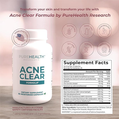PUREHEALTH RESEARCH Hormonal Acne Supplements - Say Goodbye to Breakouts with Acne Supplements for Women - Zinc for Acne - Powerful Acne Vitamins with Vitamin B5, and Barberry Fruit Extract -1 Bottle