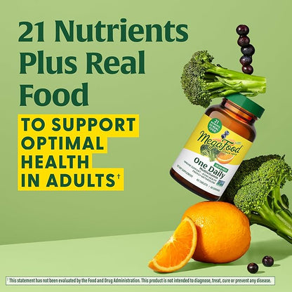 MegaFood One Daily Iron Free Multivitamin - Multivitamin for Women and Men - with Real Food - Immune Support Supplement - Bone Health - Energy Metabolism - Vegetarian; Non-GMO; No Iron - 60 Tablets