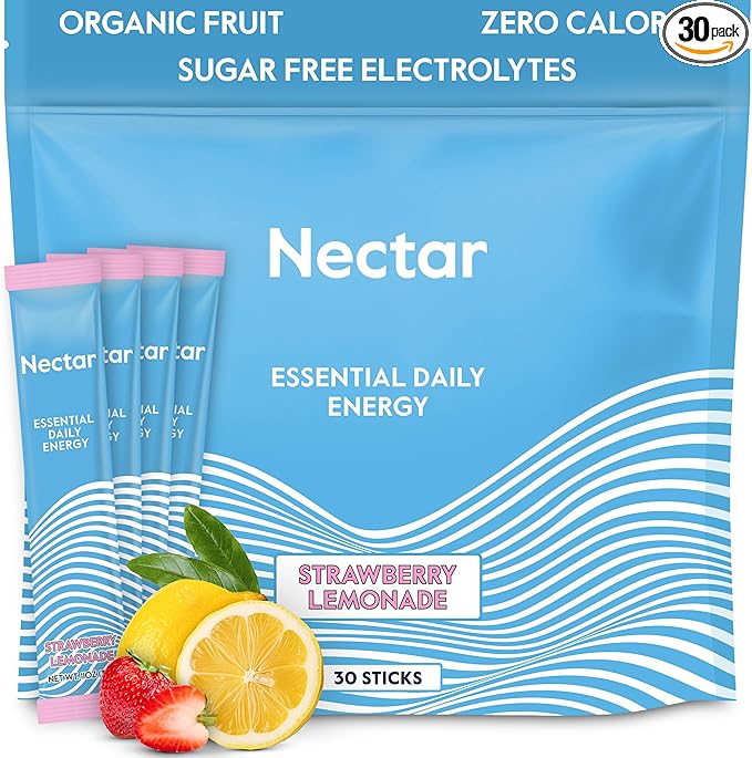 Nectar Energy Booster - Organic Caffeine, B12 & Electrolytes - Sugar Free & Zero Calorie – Healthy Coffee, Energy Drink & Soda Alternative – Hydration & Energy Supplement (Straw. Lemonade 30 Packets)