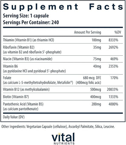 Vital Nutrients Vitamin B-Complex | Vegan High-Potency Methylated B Complex Vitamins | B Vitamins Support Energy Production, Metabolism, and Heart Health* | Gluten, Dairy, Soy Free | 240 Capsules
