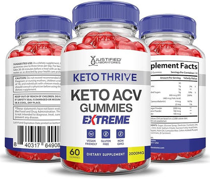 (3 Pack) Keto Thrive Keto ACV Gummies Extreme 2000MG Keto Thrive Keto Gummies Apple Cider Vinegar Formulated with Pomegranate Beet Juice Powder B12 Vegan Non GMO 180 Gummys