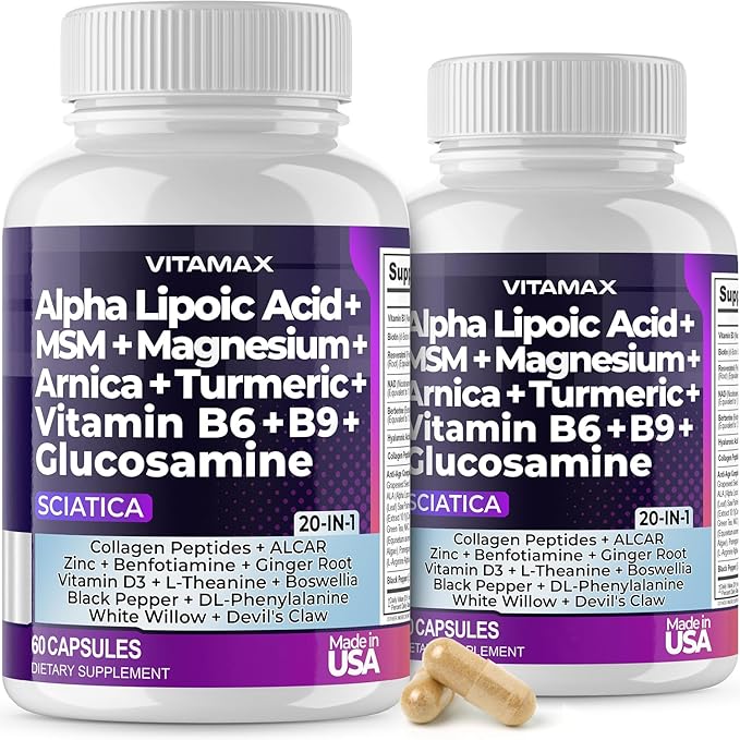 Sciatica Nerve Health Support - Sciatic Nerve Supplement Capsules with Folic Acid, Pea, Glucosamine, MSM, Vitamin B Complex, Alpha Lipoic Acid 300mg - Made in USA (60 Count (Pack of 2))