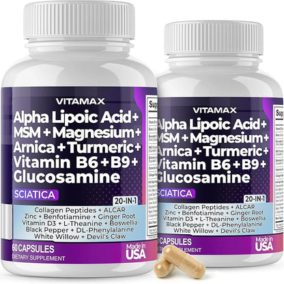 Sciatica Nerve Health Support - Sciatic Nerve Supplement Capsules with Folic Acid, Pea, Glucosamine, MSM, Vitamin B Complex, Alpha Lipoic Acid 300mg - Made in USA (60 Count (Pack of 2))