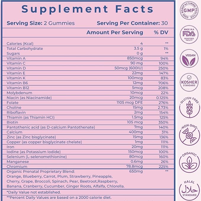 Sugar Free Prenatal Gummies — 30+ Nutrients (Choline, Folate, Iron, Vitamin) for Fetal and Neural Support, Bones, Energy & Immunity — USA-Made Vegan Prenatal Vitamins for Women (60 Gummies)