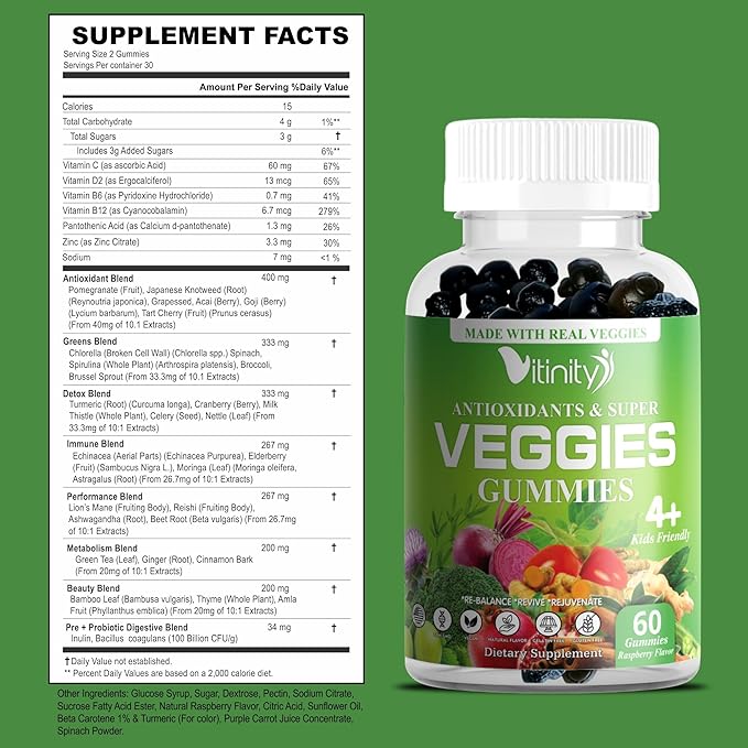 Made with Real Super Veggies Delicious Gummy Supplement,Men,Women & Kids(60 Chews),30 Veggies,Herbs,Fruit and Vegetable Vitamins,Non-GMO,Pectin-Based,Gluten-Free,No More Pills (30 Day Supply)