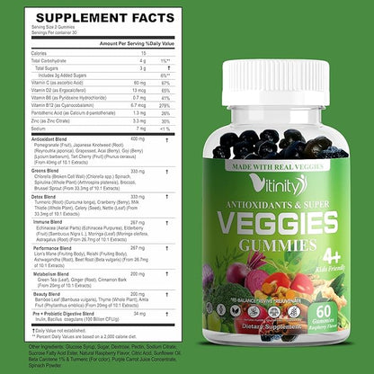 Made with Real Super Veggies Delicious Gummy Supplement,Men,Women & Kids(60 Chews),30 Veggies,Herbs,Fruit and Vegetable Vitamins,Non-GMO,Pectin-Based,Gluten-Free,No More Pills (30 Day Supply)