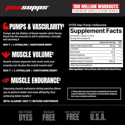 PROSUPPS Hyde Max Pump Pre Workout for Men and Women - Nitric Oxide Supplement for Pump and Endurance - Stimulant Free Pre Workout to Promote Blood Flow and Muscle Strength (Unflavored, 20 Servings)