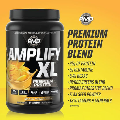 PMD Sports Amplify XL Premium Whey Protein Supplement Hydro Greens Blend - Glutamine and Whey Protein Matrix with Superfood for Muscle, Strength and Recovery - Mango Mania (24 Servings)