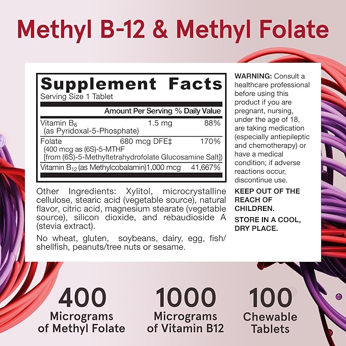Jarrow Formulas Extra Strength Methyl B-12 1000 mcg & Methyl Folate 400 mcg + P-5-P, Dietary Supplement for Cellular Energy Metabolism and Cardiovascular Support, 100 Chewable Tablets, 100 Day Supply