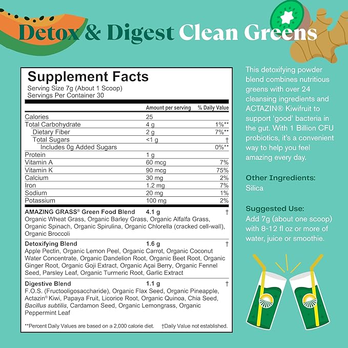 Amazing Grass Greens Superfood Detox & Digest: Greens Powder with Digestive Enzymes & Probiotics, Clean Green, 30 Servings (Packaging May Vary)