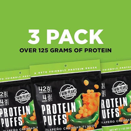 Twin Peaks Low Carb, Keto Friendly Protein Puffs, (Jalapeno Cheddar, 2.1 Ounce), 2 Servings, 3 Pack (60g, 42g Protein, 4g Carbs)