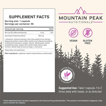 Mountain Peak Nutritionals Acid Assist Formula - Gastrointestinal Support Supplement - Helps with Symptoms of Occasional Heartburn & Stomach Acid - Hypoallergenic Dietary Supplement (90 Capsules)
