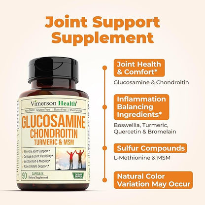 Glucosamine Chondroitin MSM and Turmeric Supplement - Joint Support Supplement for Women & Men with Boswellia & Glucosamine Sulfate 1500 mg. Used for Cartilage & Joint Health & Flexibility 90 Capsules