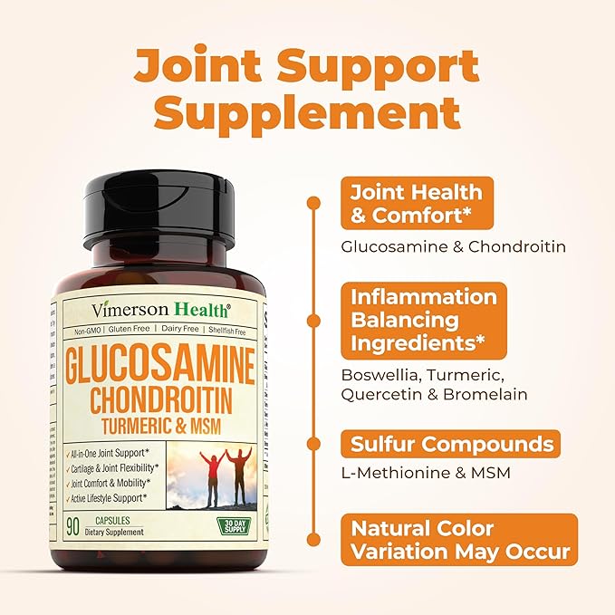 Glucosamine Chondroitin MSM and Turmeric Supplement - Joint Support Supplement for Women & Men with Boswellia & Glucosamine Sulfate 1500 mg. Used for Cartilage & Joint Health & Flexibility 90 Capsules