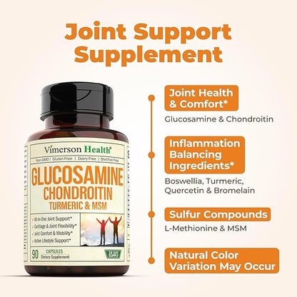 Glucosamine Chondroitin MSM and Turmeric Supplement - Joint Support Supplement for Women & Men with Boswellia & Glucosamine Sulfate 1500 mg. Used for Cartilage & Joint Health & Flexibility 90 Capsules