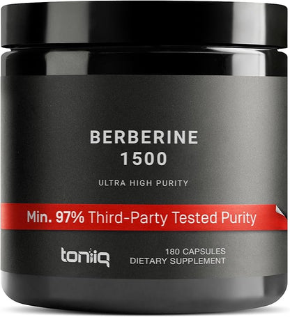 Toniiq Ultra High Strength Berberine 1500mg from The Himalayas Berberine Supplement - 97% Highly Purified and Bioavailable -Wild Harvested-Concentrated Formula HCL -3 Caps Serving-180 Veggie Caps