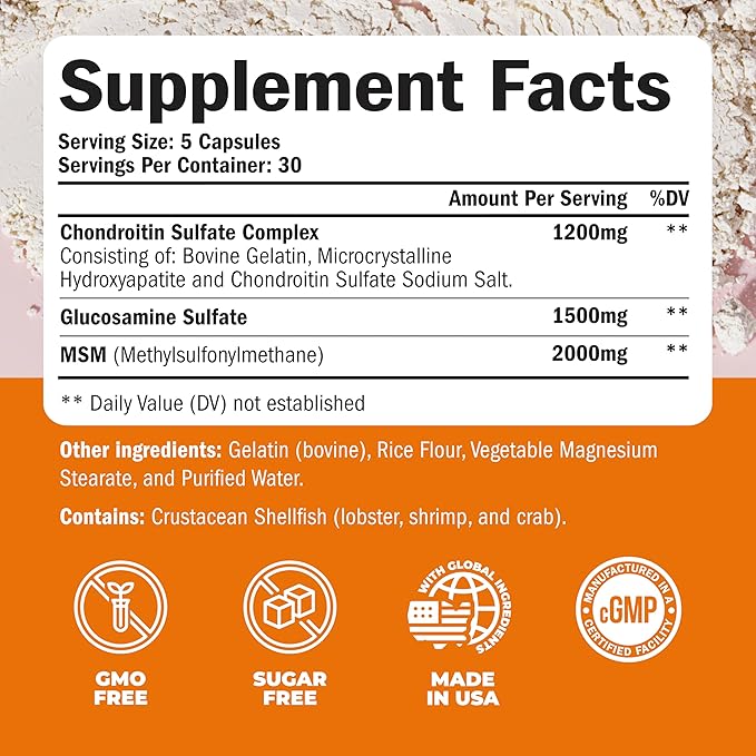 Glucosamine Chondroitin MSM Joint Support Supplement with Glucosamine Sulfate 1500 mg and Chondroitin Sulfate Complex - Joint Health Chondroitin Sulfate MSM Supplement for Women and Men - 150 Capsules