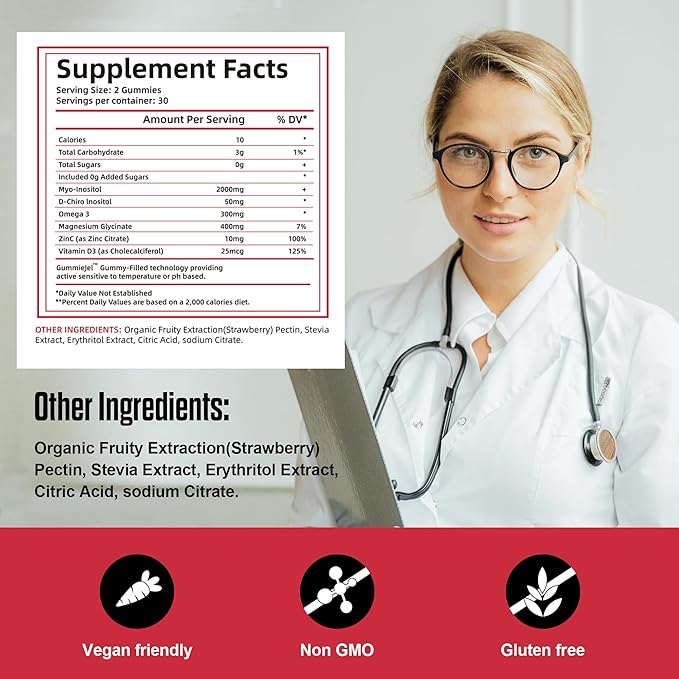 Inositol Gummies, Inositol Supplement with Myo-Inositol & D-Chiro Inositol + Vitamin D3, Ideal 40:1 Ratio, with Magnesium Glycinate 400mg, Supports Regular Cycle for Women, Vegan, 2 Pack