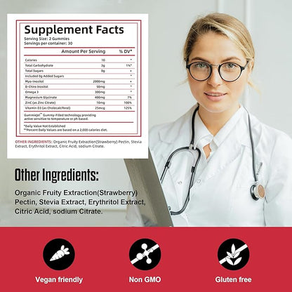 Inositol Gummies, Inositol Supplement with Myo-Inositol & D-Chiro Inositol + Vitamin D3, Ideal 40:1 Ratio, with Magnesium Glycinate 400mg, Supports Regular Cycle for Women, Vegan, 2 Pack