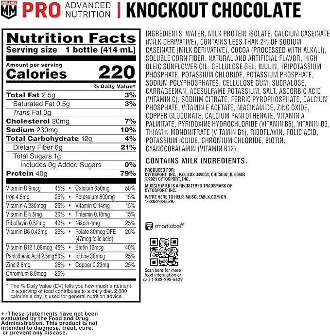 Muscle Milk Pro Advanced Nutrition Protein Shake, Knockout Chocolate, 14 Fl Oz Bottle, 12 Pack, 40g Protein, 1g Sugar, 16 Vitamins & Minerals, 6g Fiber, Workout Recovery, Packaging May Vary