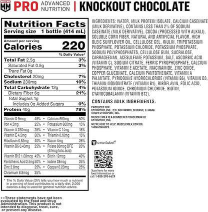 Muscle Milk Pro Advanced Nutrition Protein Shake, Knockout Chocolate, 14 Fl Oz Bottle, 12 Pack, 40g Protein, 1g Sugar, 16 Vitamins & Minerals, 6g Fiber, Workout Recovery, Packaging May Vary