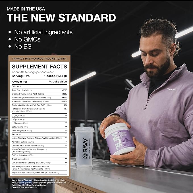 RAW Preworkout Powder, Thavage (Rocket Candy) - Chris Bumstead Sports Nutrition Supplement for Men & Women - Cbum Pre Workout for Working Out, Hydration, Mental Focus & Energy - 40 Servings