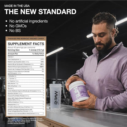 RAW Preworkout Powder, Thavage (Rocket Candy) - Chris Bumstead Sports Nutrition Supplement for Men & Women - Cbum Pre Workout for Working Out, Hydration, Mental Focus & Energy - 40 Servings