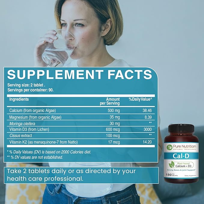 Pure Nutrition Cal D - Plant Based Calcium with Vitamin D3 K2 and Magnesium. Vegan Calcium Supplement with 500mg Elemental Calcium per Serving. Algae Calcium Supplement for Bone Health | 180 Tabs