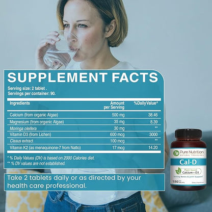 Pure Nutrition Cal D - Plant Based Calcium with Vitamin D3 K2 and Magnesium. Vegan Calcium Supplement with 500mg Elemental Calcium per Serving. Algae Calcium Supplement for Bone Health | 180 Tabs