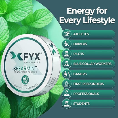 FYX Caffeine Nootropic Pouches (Spearmint) – Clean Energy & Focus with Alpha-GPC, L-Tyrosine & L-Theanine – Brain Supplement 60mg Caffeine Pouches – Sugar-Free Alpha Nootropic Pouches – 20-Pack
