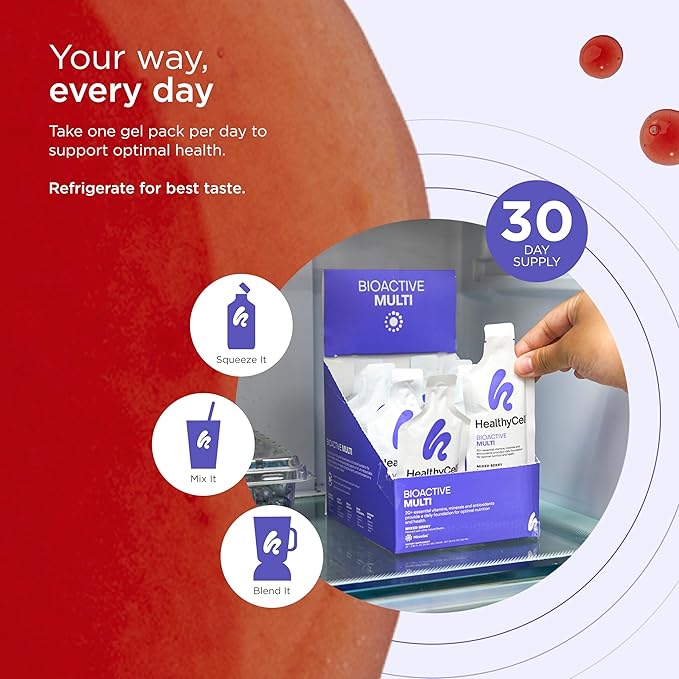 Healthycell Bioactive Multi - Liquid Multivitamin for Men and Women - One A Day Vitamin for Brain, Heart, Immunity, Energy, Skin, and Hair Support - Maximum Absorption - 30 Gel Packs