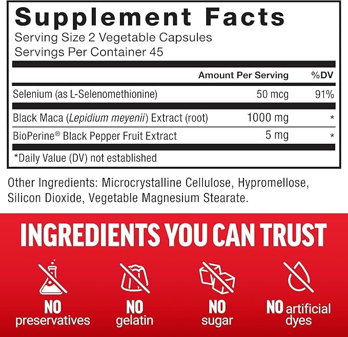 FORCE FACTOR Black Maca Root 1000mg, Vitality Supplement for Men with Black Pepper Extract for Absorption, Natural Maca Negra Extract, 90 Capsules