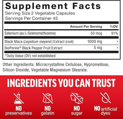 FORCE FACTOR Black Maca Root 1000mg, Vitality Supplement for Men with Black Pepper Extract for Absorption, Natural Maca Negra Extract, 90 Capsules
