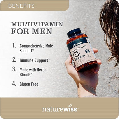 NatureWise Multivitamin for Men - Daily Male Support - Minerals & Herbs for Energy, Performance, Immunity - with Vitamin A, C, D, B-Complex - Soy & Gluten-Free, Non-GMO - 90 Capsules[45-Day Supply]