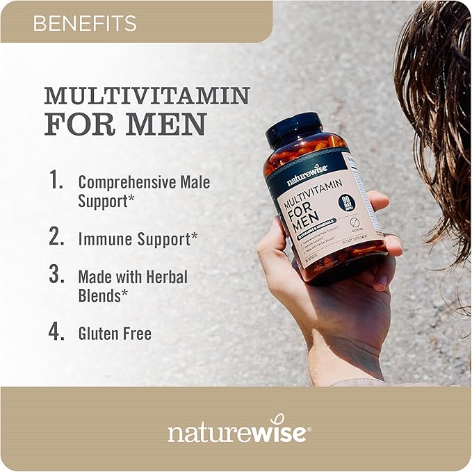 NatureWise Multivitamin for Men - Daily Male Support - Minerals & Herbs for Energy, Performance, Immunity - with Vitamin A, C, D, B-Complex - Soy & Gluten-Free, Non-GMO - 60 Capsules[1-Month Supply]