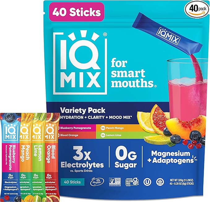 IQMIX Sugar Free Electrolytes Powder Packets - Hydration Supplement Drink Mix with Keto Electrolytes, Lions Mane, Magnesium L-Threonate, and Potassium Citrate - Variety Pack (40 Count)