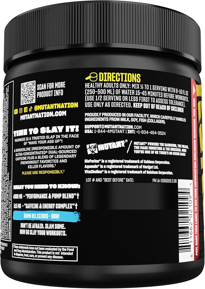 Mutant Madness | Pre Workout Powder Supplement Performance and Pump Blend Includes L-Citrulline, Beta-Alanine, Taurine, L-Tyrosine | 30 Serving | Blue Raspberry