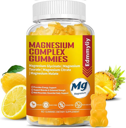 Triple Magnesium Complex Gummies Supplement for Women & Men Sugar Free High Absorption Magnesium Glycinate, Taurate, Malate, Citrate Complex Supplement with Vitamin B6, B12 & D3 for Adult…