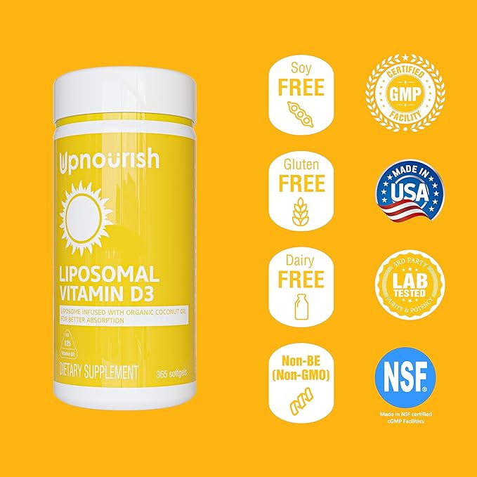 UpNourish Liposomal Vitamin D3 5000 IU Softgels - 1 Year Supply | Organic Coconut Oil Infused Vitamin D Supplements - Support Bone, Dental, Heart, Mood & Immune Health - Non GMO Gluten Free - 365 ct