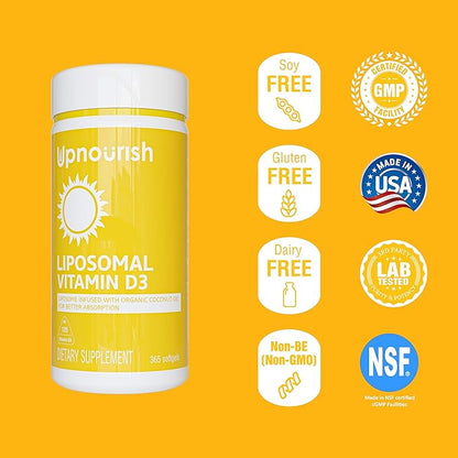 UpNourish Liposomal Vitamin D3 5000 IU Softgels - 1 Year Supply | Organic Coconut Oil Infused Vitamin D Supplements - Support Bone, Dental, Heart, Mood & Immune Health - Non GMO Gluten Free - 365 ct