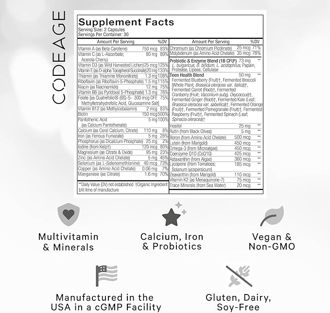 Codeage Teen’s Daily Multivitamin Supplement, 25+ Vitamins & Minerals for Teenage Boys & Girls, Organic Whole Foods Vitamins for Teenagers, Vitamin A, B Vitamins, Vitamin C, D, E, K, Omega-3, 2 Pack