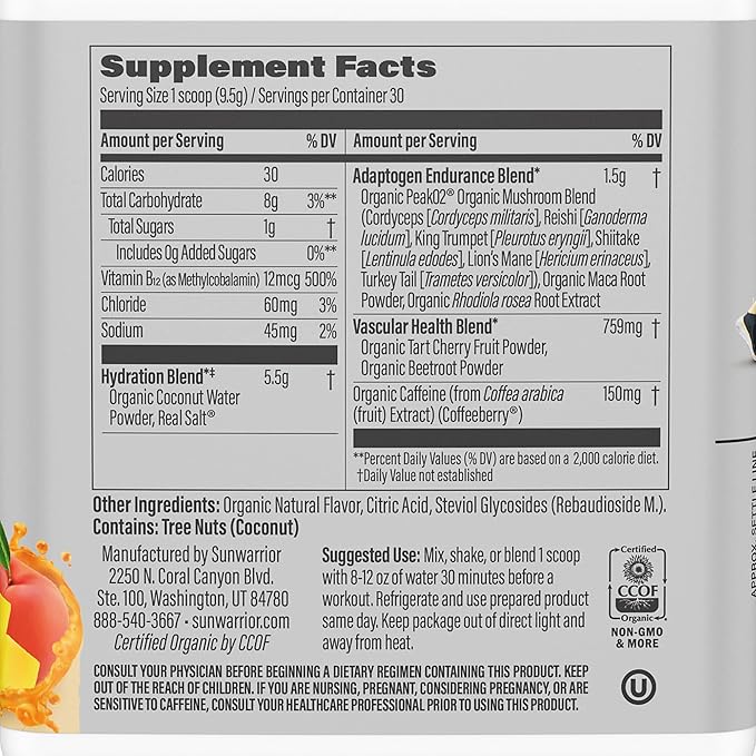 Sunwarrior Plant-Based Preworkout Powder Hydration Blend | Coconut Water Mushroom Blend Soy Free Sugar Free Gluten Free Dairy Free Synthetic Free | Peach Mango 30 Servings | Sport Active Energy