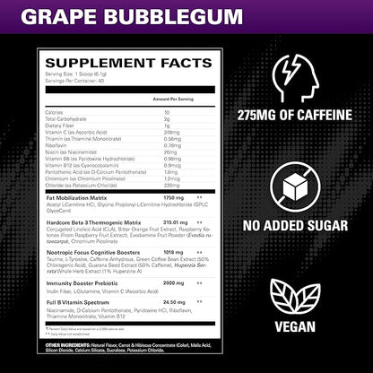 EHP Labs OxyShred Hardcore Super Dosed Pre Workout Powder - Preworkout Powder with L Glutamine & Acetyl L Carnitine, Energy Boost Drink - 275mg of Caffeine - Grape Bubblegum, 40 Servings