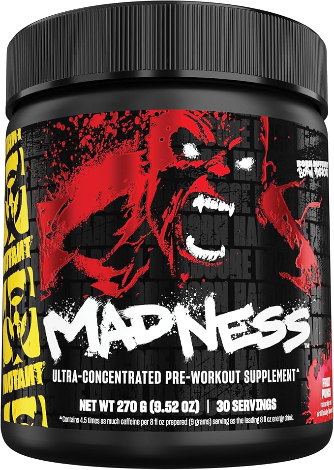 Mutant Madness | Pre Workout Powder Performance and Pump Blend Includes L-Citrulline, Beta-Alanine, Taurine, L-Tyrosine | 270G (9.52 OZ) 30 Serving | Fruit Punch