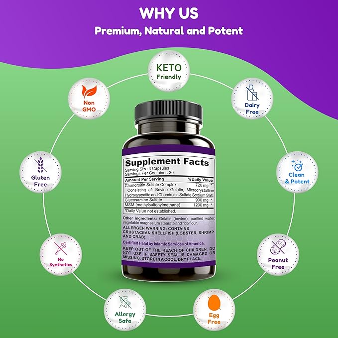 Halal Joint Support Supplement w/Glucosamine Chondroitin MSM | 2820mg 30 Servings | Non-GMO