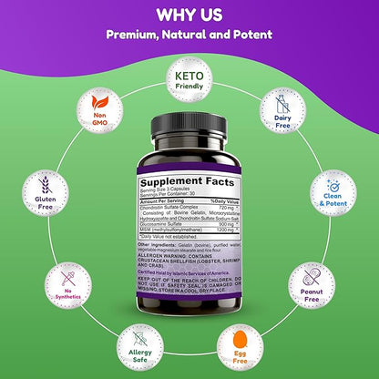 Halal Joint Support Supplement w/Glucosamine Chondroitin MSM | 2820mg 30 Servings | Non-GMO